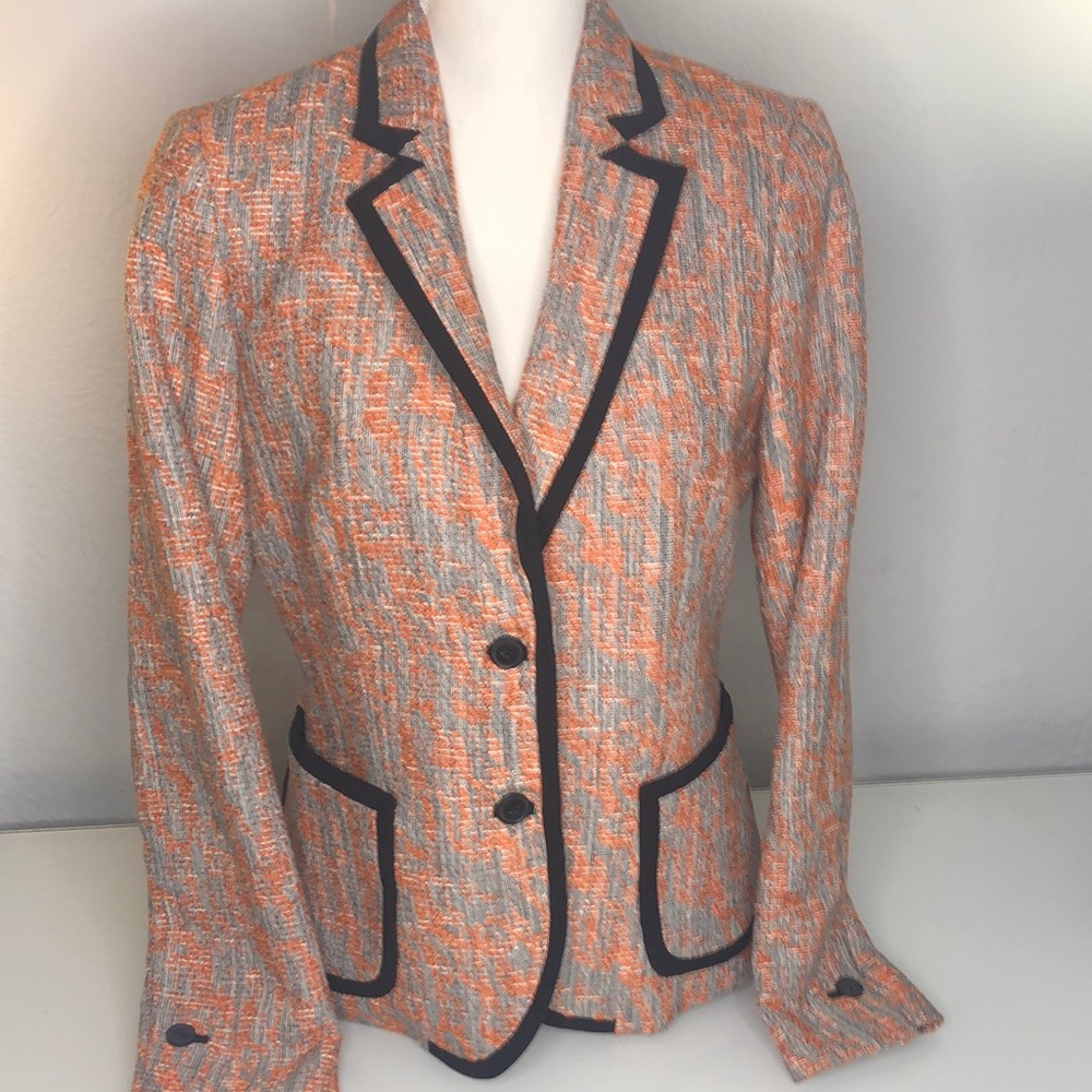 Anne Klein women's blazer textured in orange, gray, & white.  Black piping. Sz 8